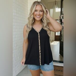 PS Love Plus Black V-Neck Tank with Leopard-Trim Accents